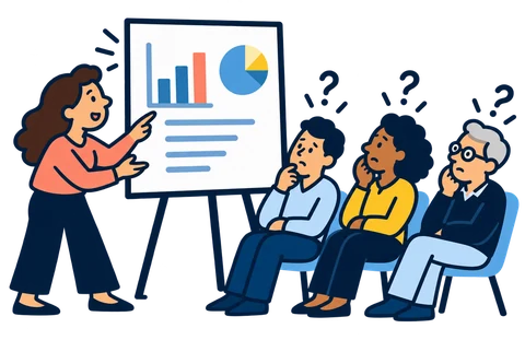 Presenter explaining charts to a puzzled audience