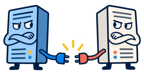 Two grumpy server racks with crossed arms and disconnected cables