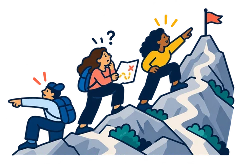 Three hikers climbing a mountain toward a flag