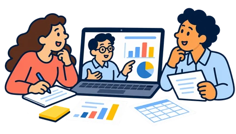 Three colleagues around a laptop, discussing charts and notes on the table